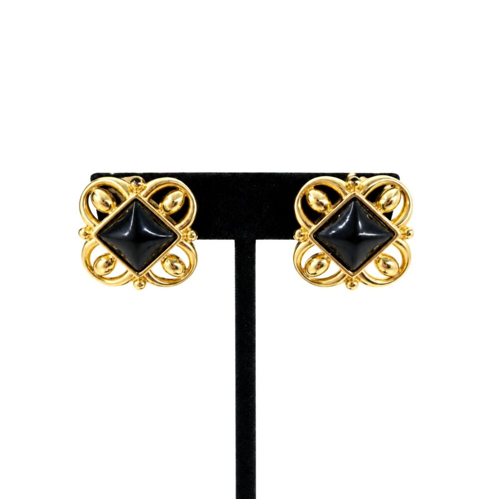 VINTAGE MONET EARRINGS 80s Gold Tone Black Square Ornate Stud Pierced Cross